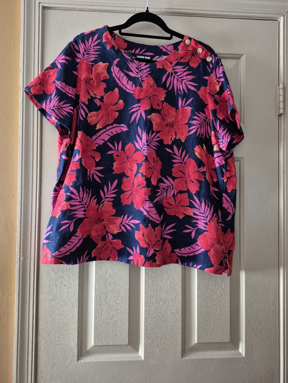 Lands' End Navy Top with Bright Pink Floral Print and Shoulder Buttons